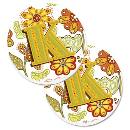 Carolines Treasures Letter K Floral Mustard and Green  Cup Holder Car Coaster, PK2 CJ2003-KCARC